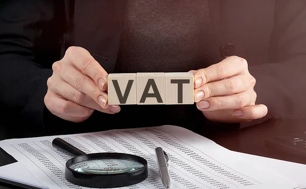 Businesswoman Holding Wooden Block Text Vat Business — Stock Photo, Image