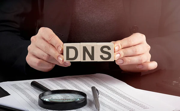 Business Woman Holding Wooden Block Text Dns Business — стоковое фото