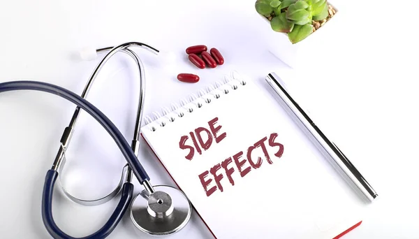 Text SIDE EFFECTS on a white background with pills and stethoscope. Medical