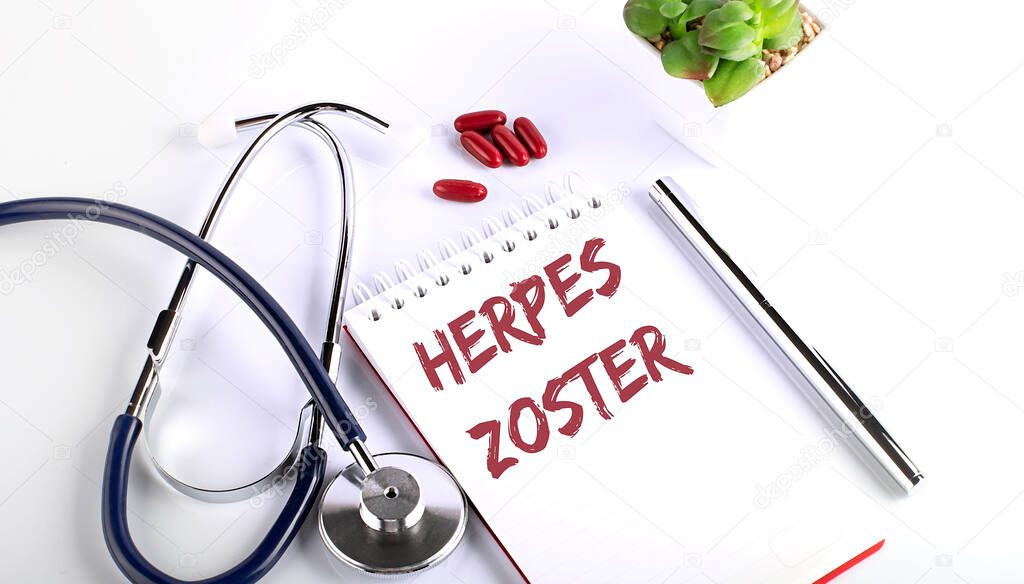 Text HERPES ZOSTER on a white background with pills and stethoscope. Medical