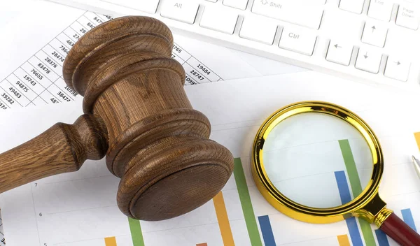 Wooden Gavel Business Chart Magnifier Keyboard — Stock Photo, Image