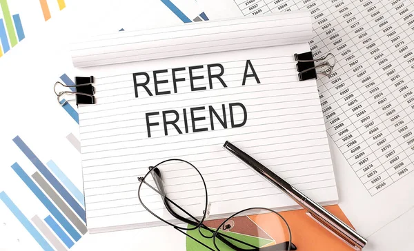 Notebook Text Refer Friend Table Charts Pen Glasses — Stock Photo, Image