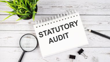 STATUTORY AUDIT metin kavramı Tahta arka planda ofis araçları ile deftere yaz