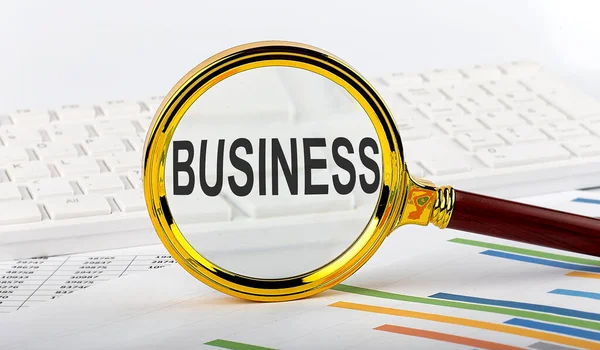 Magnifying Glass Word Business Chart Background — Stock Photo, Image