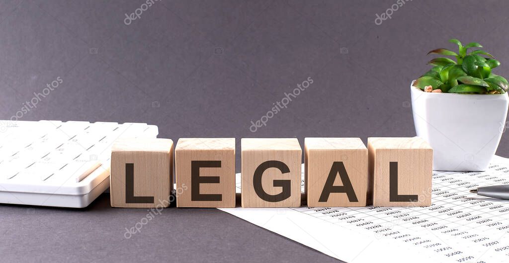 Concept word LEGAL on the wooden blocks on gray background from green flower and chart.