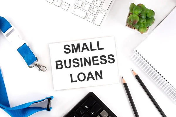 Small Business Loan Slova Kartě Klávesnicí Kancelářskými Nástroji — Stock fotografie