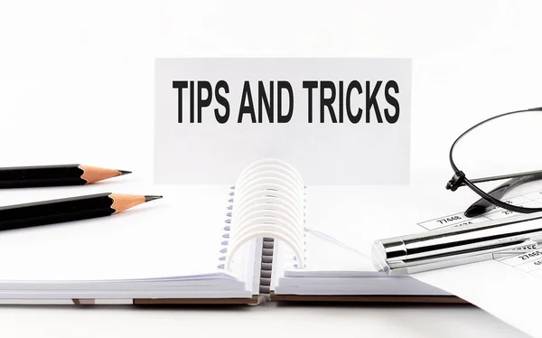 Text Tips Tricks Paper Card Pen Pencils Glasses Financial Documentation — Stock Fotó
