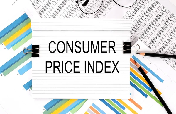 Notebook Pencils Glasses Graph Background Text Consumer Price Index — Zdjęcie stockowe