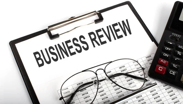 Текст Business Review Папері Калькулятором Окулярами Ручкою Бізнес — стокове фото
