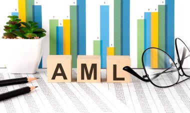 Ahşap blokta çizelge, gözlük ve kalemlerle yazılmış AML kelimesi