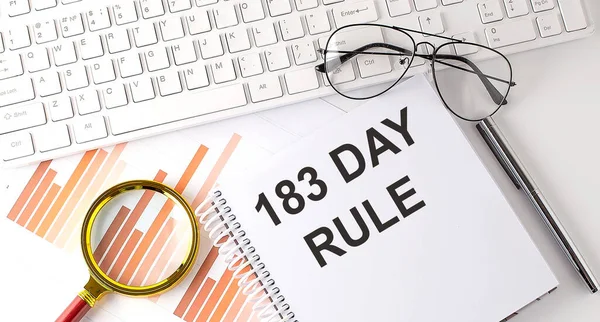 183 Day Rule Текст Написаний Ноутбуці Клавіатурою Діаграмою Окулярами — стокове фото