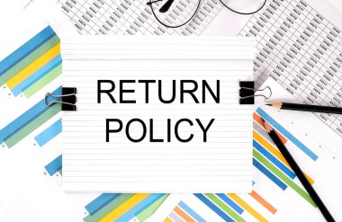 Kalemli defter, grafik arkaplanında gözlük, metin RETURN POLICY