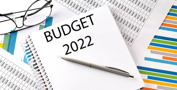 Ноутбук Текстом Буджет 2022 Диаграмма Белый Фон Бизнес — стоковое фото