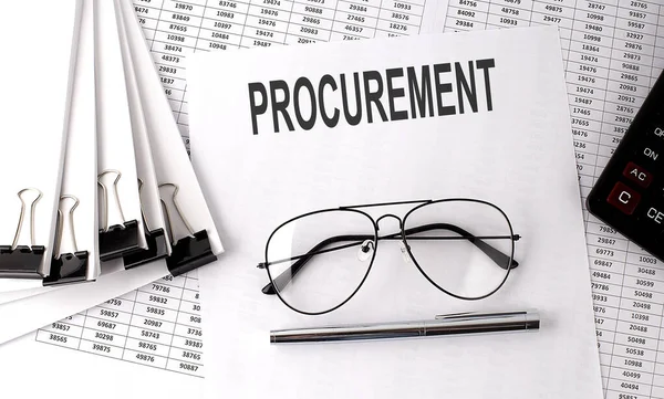 Procurement Tekst Papierze Wykresem Narzędziami Biurowymi Koncepcja Biznesowa — Zdjęcie stockowe