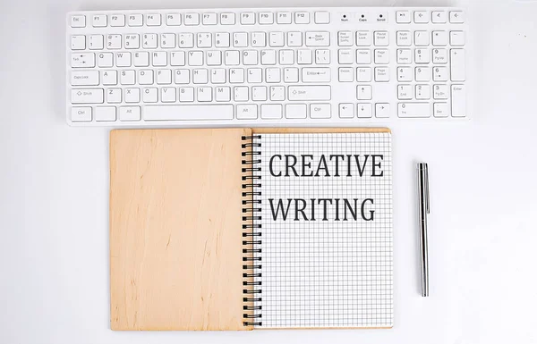 Creative Writing Text Notebook Keyboard White Background — Stock Photo, Image