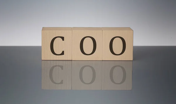 Coo概念 灰色背景的木制词块 — 图库照片
