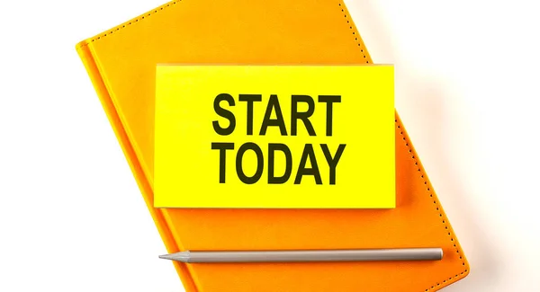 Text Start Today Sticker Yellow Notebook — Stock Photo, Image