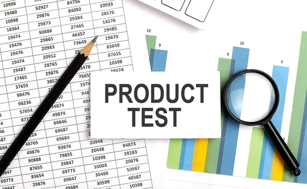 PRODUCT TEST text on the white card on chart background