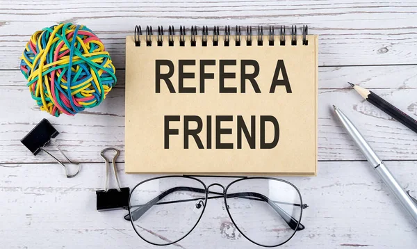 Notebook Text Refer Friend Office Supplies View Closeup White Background — Stock Photo, Image