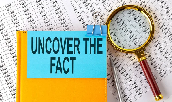 Uncover Fact Text Sticker Notebook Magnifier Chart Business — Stock Photo, Image
