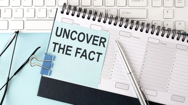 Uncover Fact Text Blue Sticker Planning Keyboard Blue Background — Stock Photo, Image
