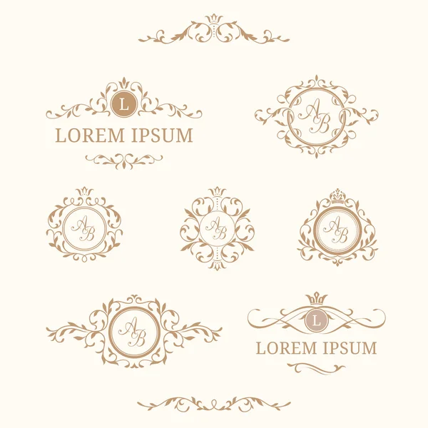 Set of elegant floral monograms and borders — Stock Vector