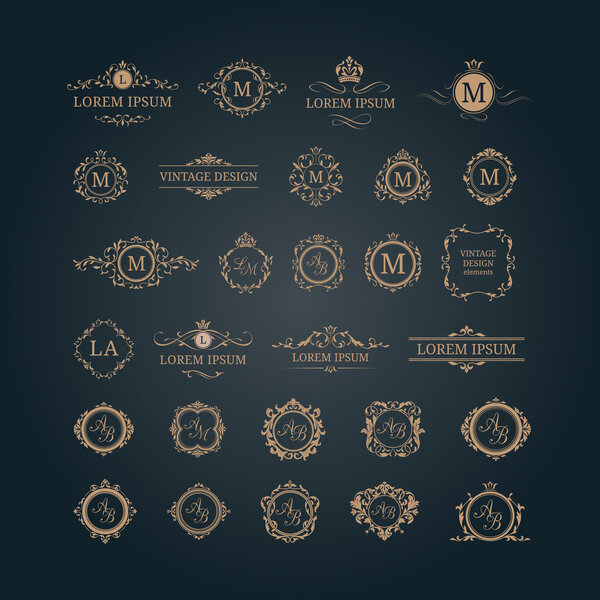 Набор элегантных цветочных монограмм и границ
