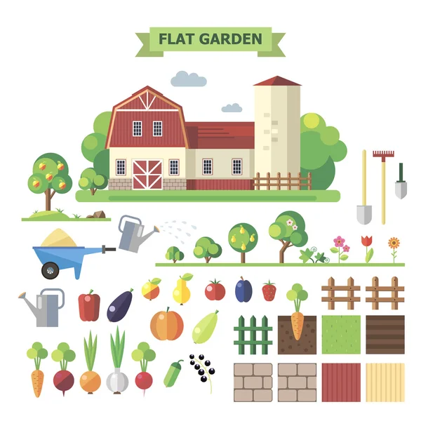 Jardin plat avec ferme — Image vectorielle