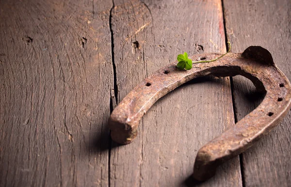 Herradura y trébol de cuatro hojas sobre madera —  Fotos de Stock