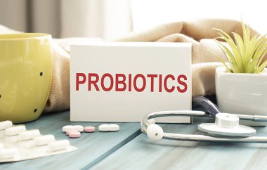 PROBİOTİK tıp konseptine sahip not defteri, DÜŞÜNÜLDÜ TABLETLER