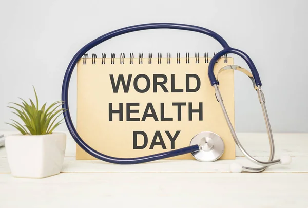 Stethoskop Weißes Papier Mit Holztafel Und Aufschrift Weltgesundheitstag Auf Holzgrund — Stockfoto