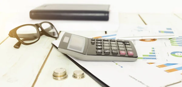 Business Concept Office Supply Desk Table Cup Coffee Analysis Chart — Stock Photo, Image