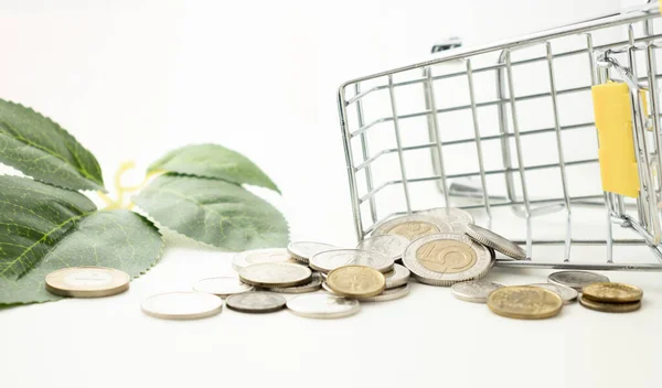 Yellow mini shopping cart or supermarket trolley with pile of silver money coins Bath isolated on white background.