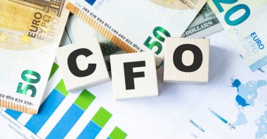 Finans Müdürü bir dizüstü bilgisayarın önünde tahta bir küpün üzerine yazılmış.