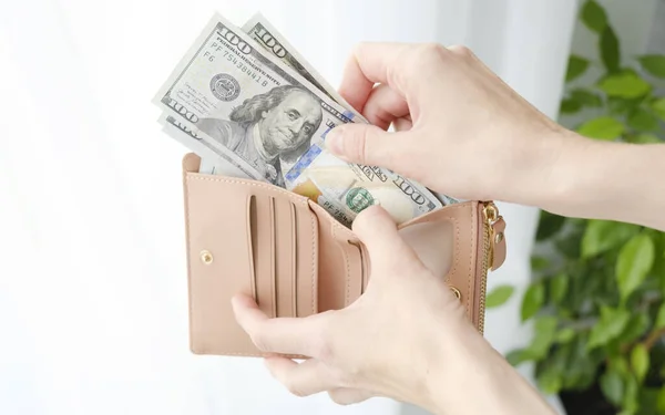 Kadın eli, içinde dolar olan siyah bir çanta tutar.
