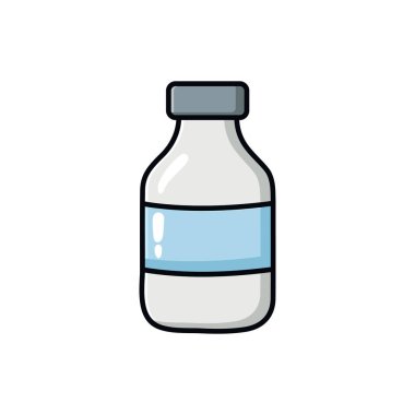 Düz vektör tarzı mavi etiketli küçük bir şişenin el çizimi çizimi çizimi. Tıbbi, kozmetik, eczane veya ambalaj tasarımı projeleri için mükemmel.