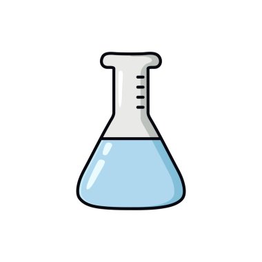 Düz vektör tarzında mavi sıvıyla el çizimi bir laboratuvar şişesi çizimi. Bilim, kimya, eğitim, araştırma ve yaratıcı tasarım projeleri için mükemmel.