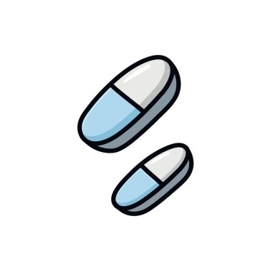 Düz vektör tarzı iki mavi ve beyaz kapsülün el çizimi çizimi çizimi. En düşük ve temiz tasarım eczane, sağlık, eğitim ve sağlık projeleri için mükemmeldir..