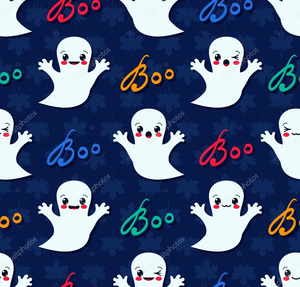 Halloween seamless pattern with cute kawaii ghosts