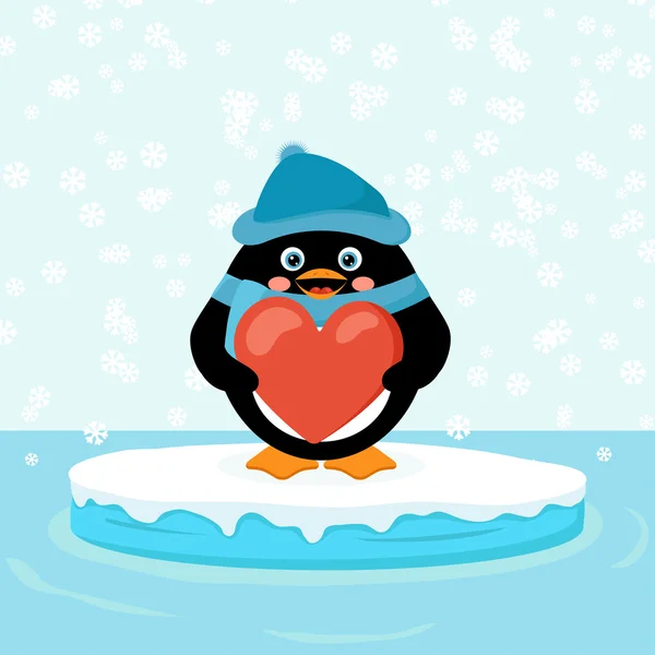 Pingvin med rött hjärta — Stock vektor