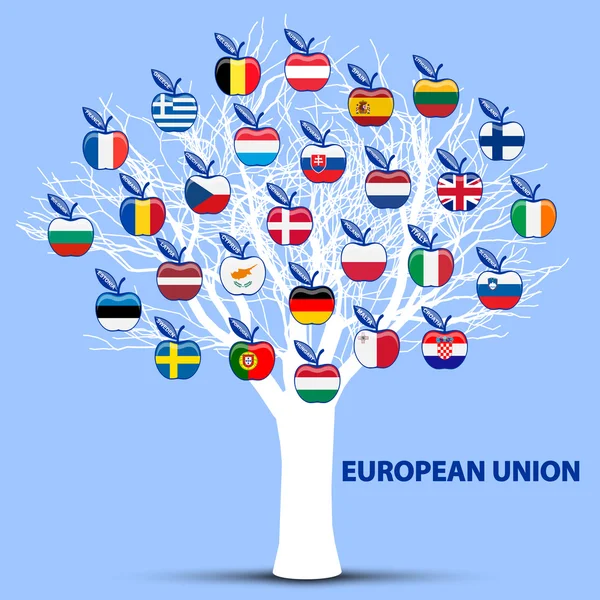 Arbre blanc avec drapeaux de l'union européenne pommes — Image vectorielle