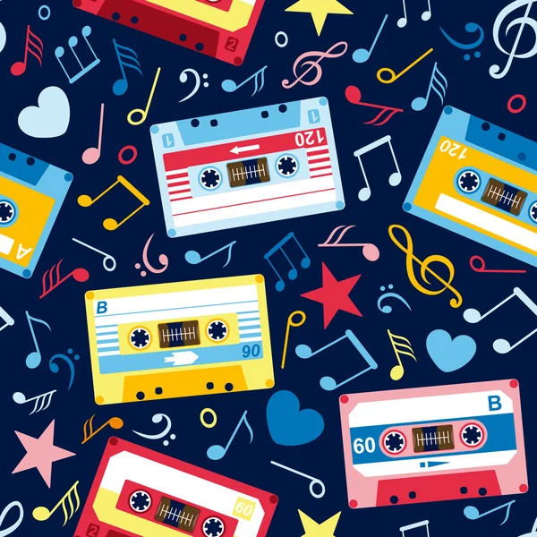Patroon met muziek notities en oude cassettes — Stockvector