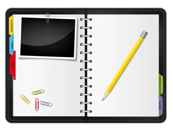 Notebook, potlood en paperclips — Stockvector