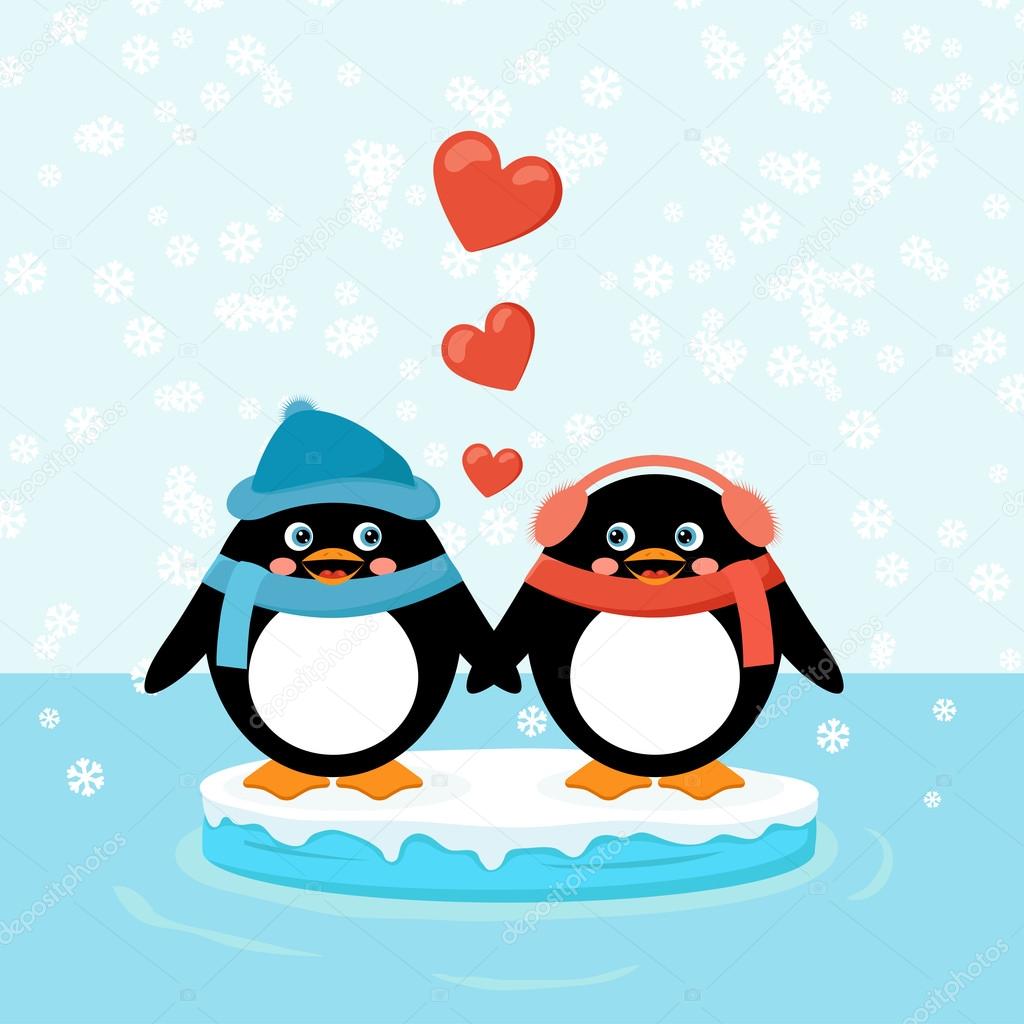 Two penguins on ice floe with hearts