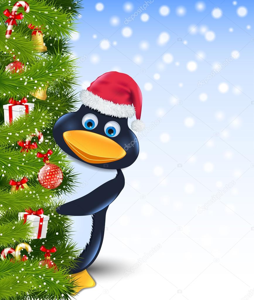 Penguin behind christmas tree