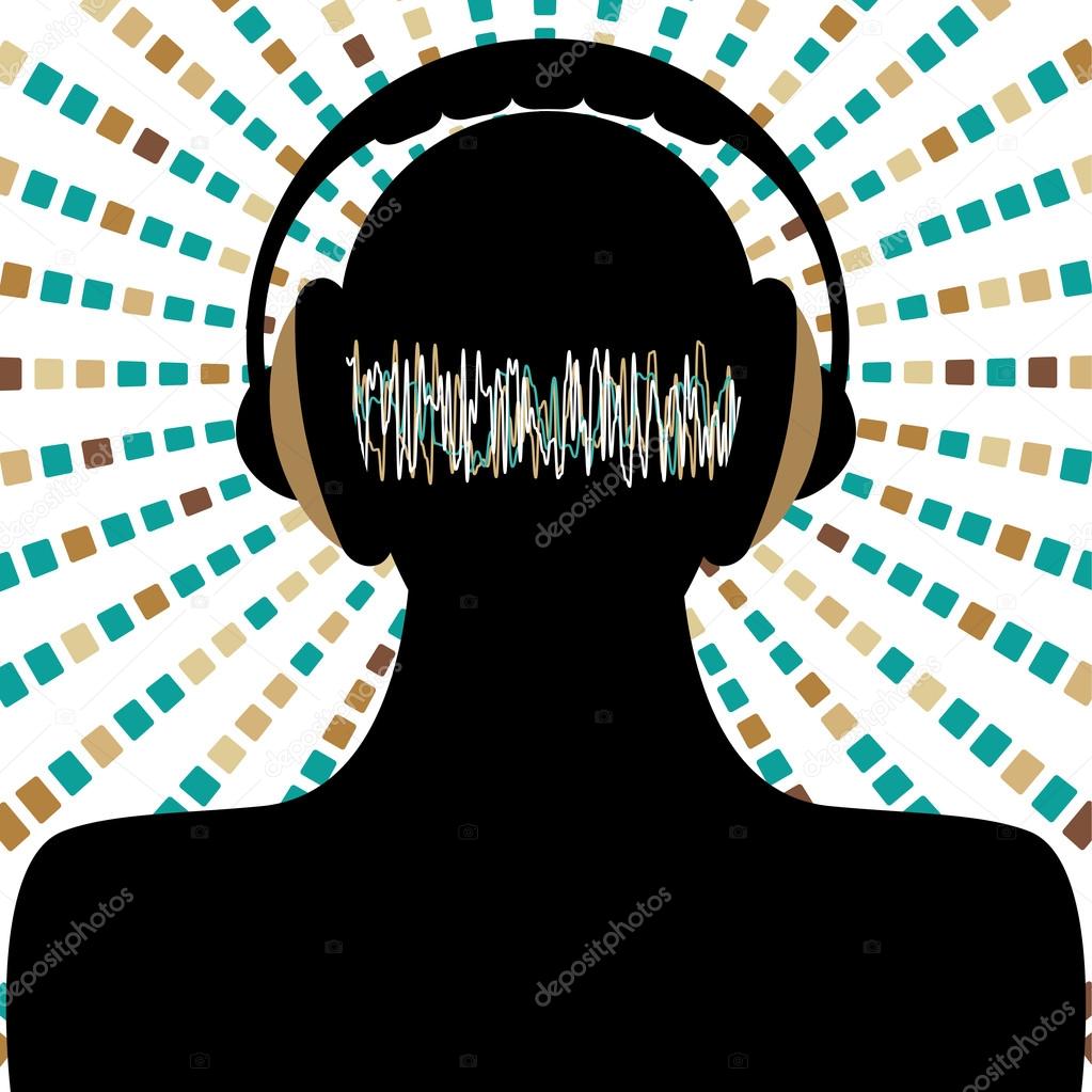 Man silhouette with headphones and sound waves