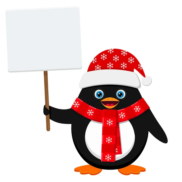 Lindo pingüino en sombrero rojo con pancarta en blanco aislado sobre fondo blanco — Archivo Imágenes Vectoriales