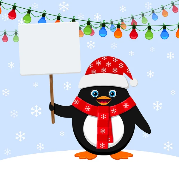 Pingüino en sombrero rojo con pancarta en blanco — Archivo Imágenes Vectoriales