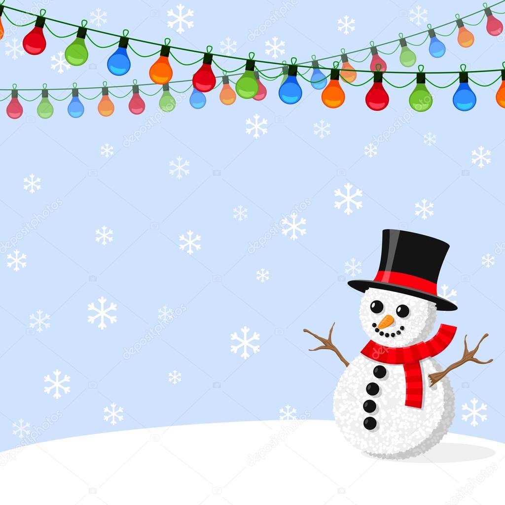 Background with Christmas light garlands and snowman