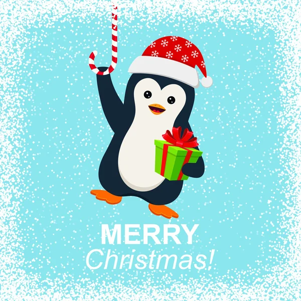 Cute penguin with gift box and Merry Christmas — Stock Vector
